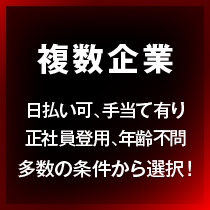 複数企業:日払い可、手当て有り、正社員登用、年齢不問、多数の条件から選択！